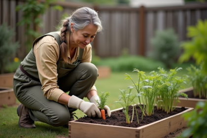 Femme d'âge moyen transplantant une jeune carotte dans le jardin
