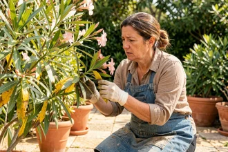Jardinière examinant les feuilles jaunes d'un laurier rose dans un jardin méditerranéen