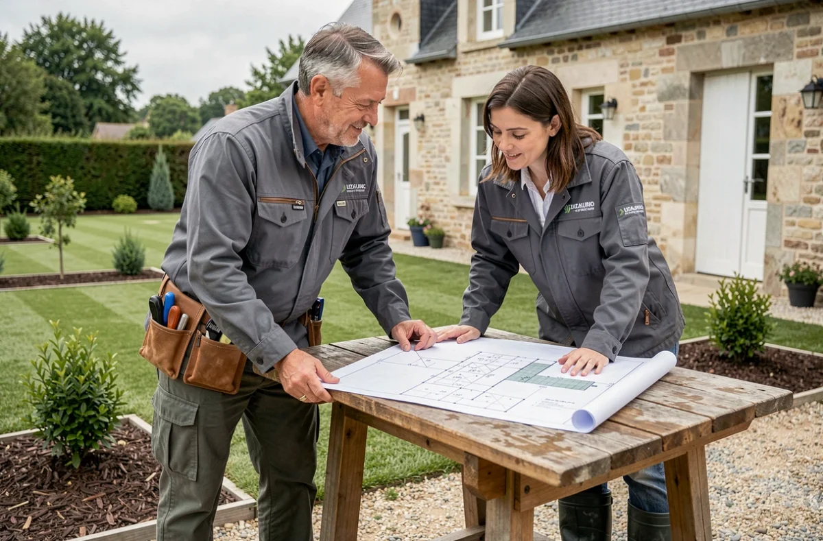 Duo de concepteurs paysagistes consultant un plan de jardin devant une propriété aménagée à Lutz-en-Dunois, entreprise Les Jardins de Lutz-Crespin