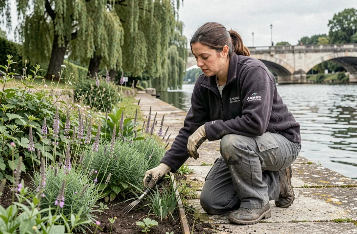 Paysagiste aménageant une bordure ornementale au bord de la Loire à Orléans, entreprise Jardins et Paysages du Val de Loire