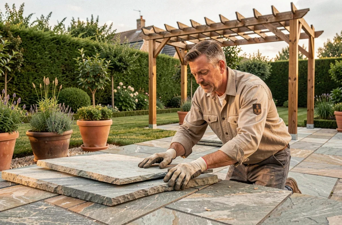 Paysagiste Jardins de Picardie aménageant une terrasse en pierre naturelle dans un jardin à Roye