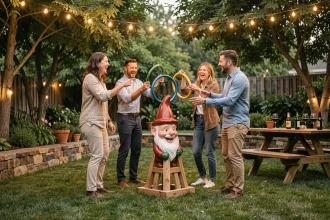 Groupe d'adultes jouant au nain de jardin en soirée estivale dans un jardin décoré de guirlandes lumineuses