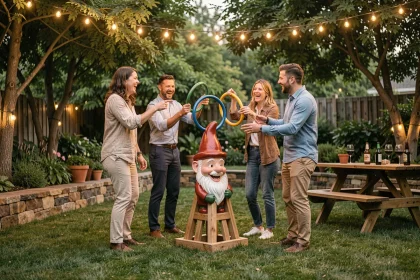 Groupe d'adultes jouant au nain de jardin en soirée estivale dans un jardin décoré de guirlandes lumineuses