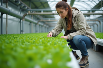 Jeune femme agronome examine des semis en ferme urbaine