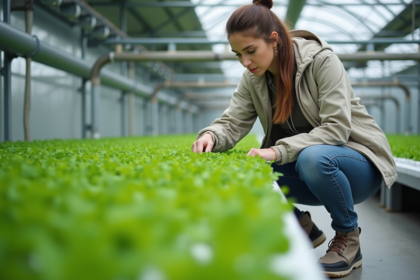 Jeune femme agronome examine des semis en ferme urbaine
