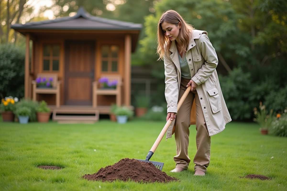 Jeune femme en veste claire étalant de la terre dans le jardin