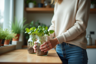 Femme tenant un bocal avec des jeunes plantes en eau dans une cuisine lumineuse