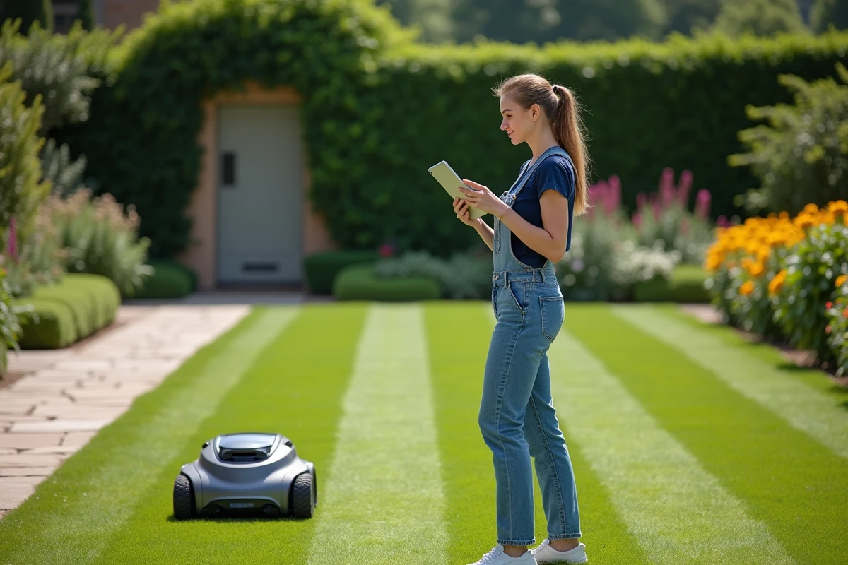 Jeune femme observant une tondeuse robot dans un jardin coloré