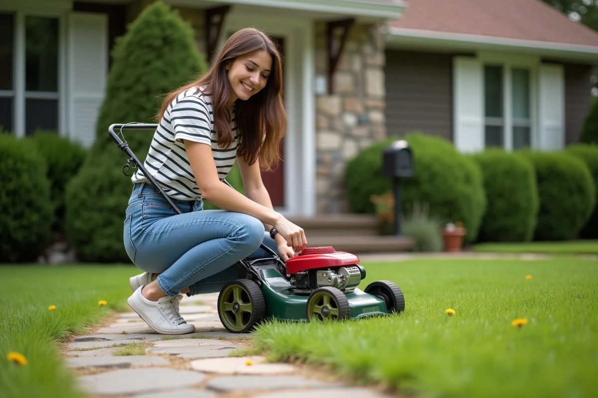 Jeune femme examinant la pelouse après la tonte dans le jardin