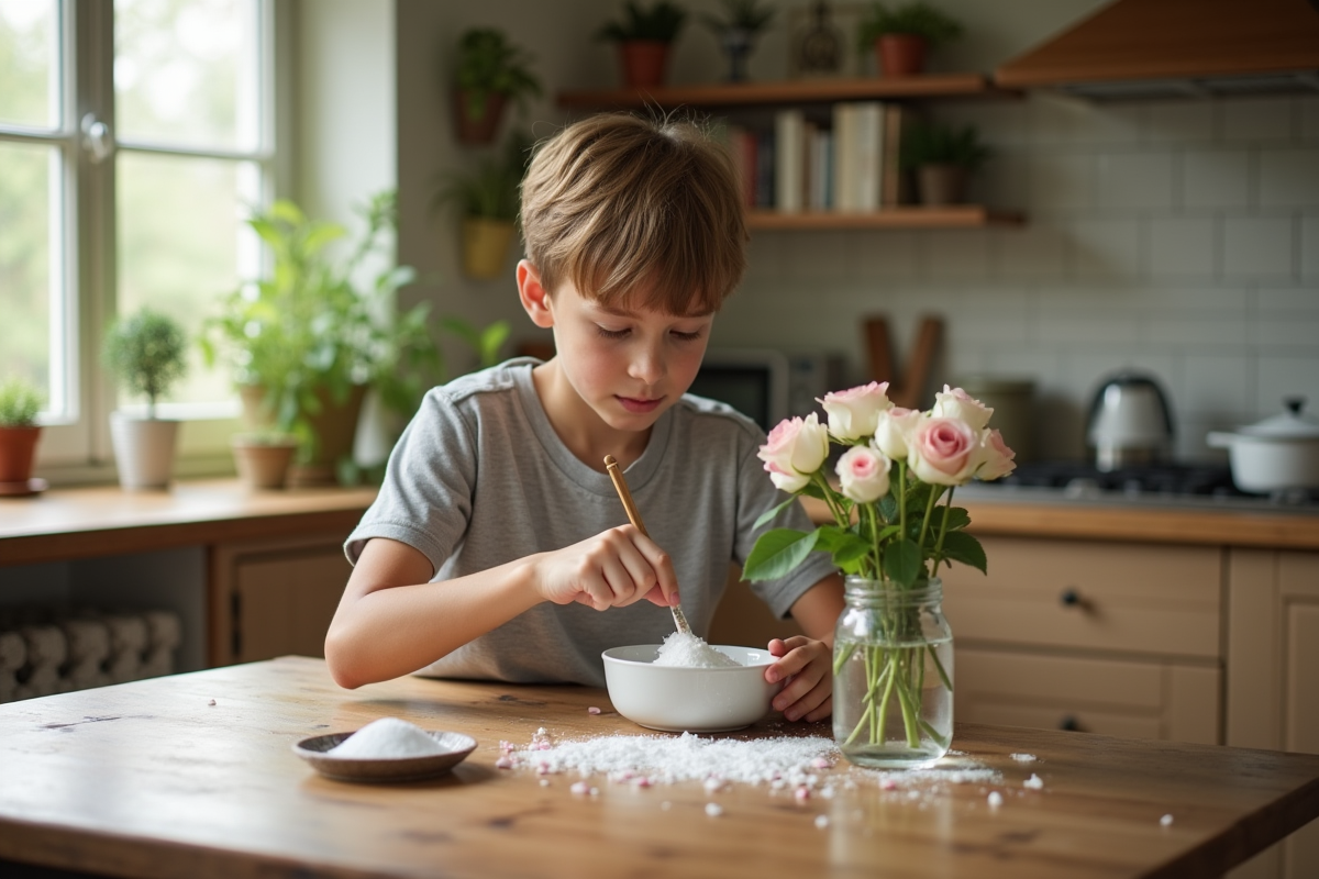Jeune garçon mélangeant bicarbonate avec roses dans la cuisine