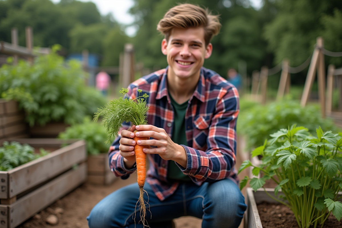 Jeune homme tenant une carotte fraîchement récoltée dans le jardin