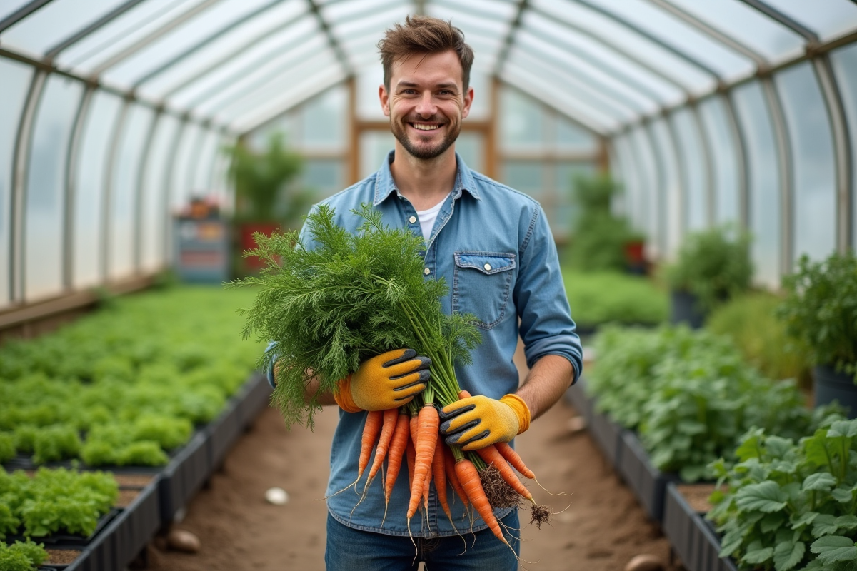 Jeune homme dans une serre tenant des carottes fraîchement récoltées