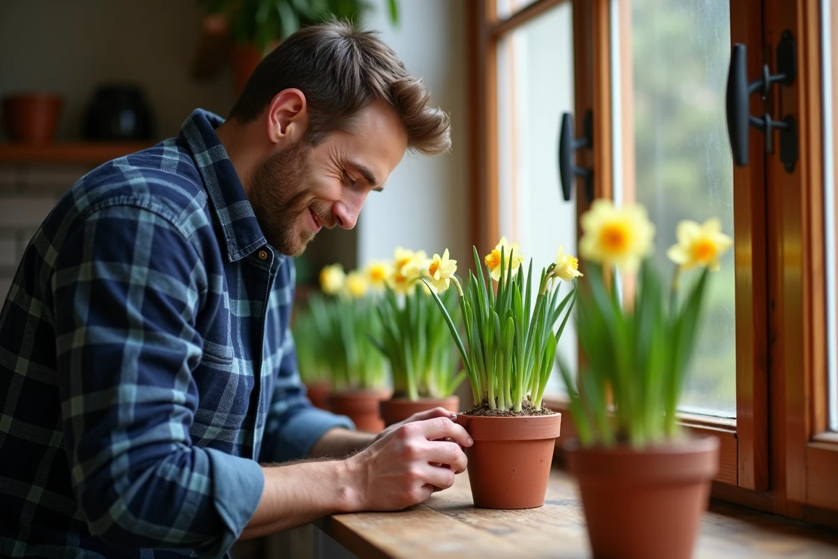 Jeune homme vérifiant des jonquils en pot dans la cuisine