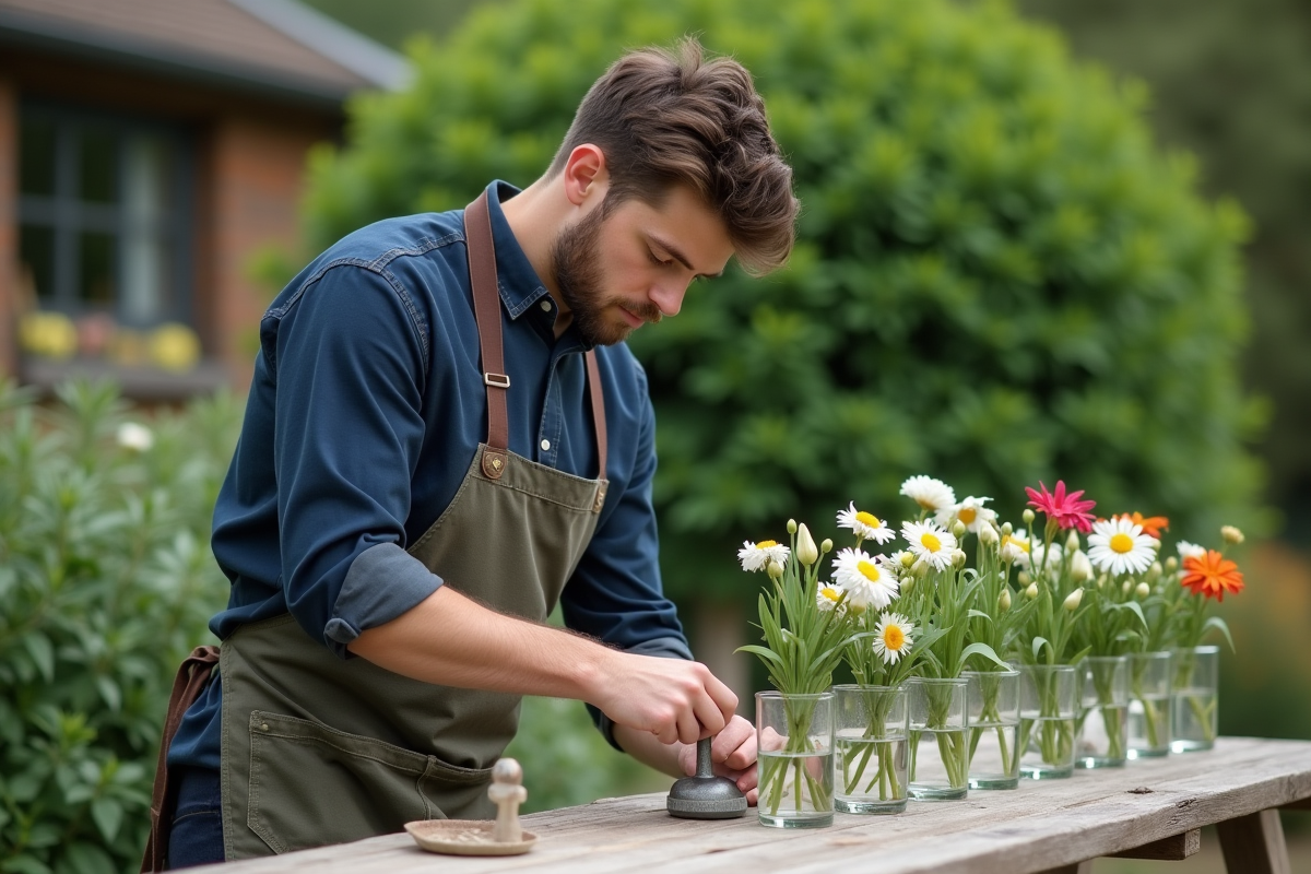Jeune homme préparant des tiges à planter dans un jardin rustique