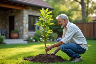 Homme plantant un jeune goyavier dans un jardin paisible