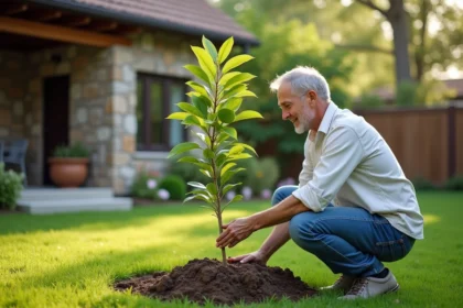 Homme plantant un jeune goyavier dans un jardin paisible