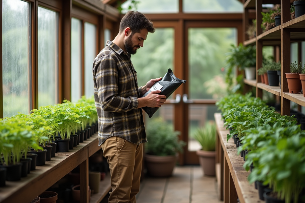 Jeune homme lit une étiquette de terreau dans la serre
