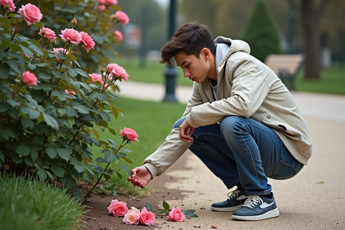 Jeune homme inspecte des roses tombées dans un parc urbain