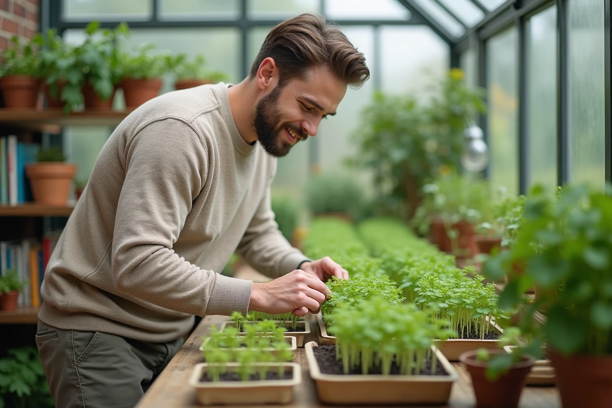 Jeune homme examinant des jeunes pousses de persil en intérieur
