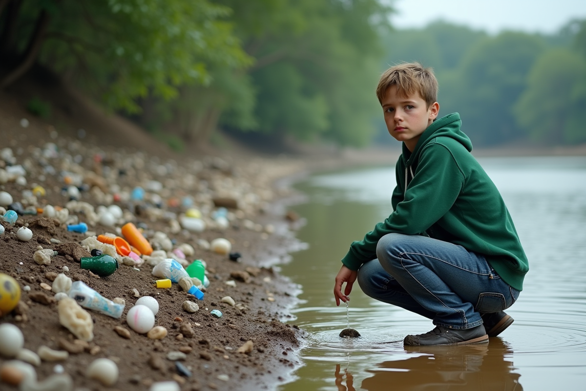 Jeune homme près d’une rivière polluée avec déchets plastiques