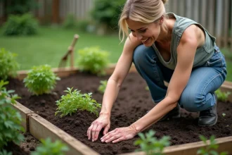 Femme d'âge moyen plantant du persil dans le sol