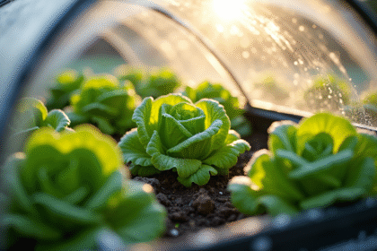 Laitues vertes dans un jardin d'hiver protégées par une cloche en plastique