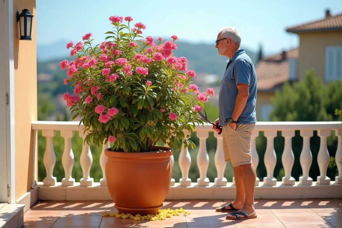 Homme sur une terrasse provençale inspectant un laurier rose en pot aux feuilles jaunissantes en été