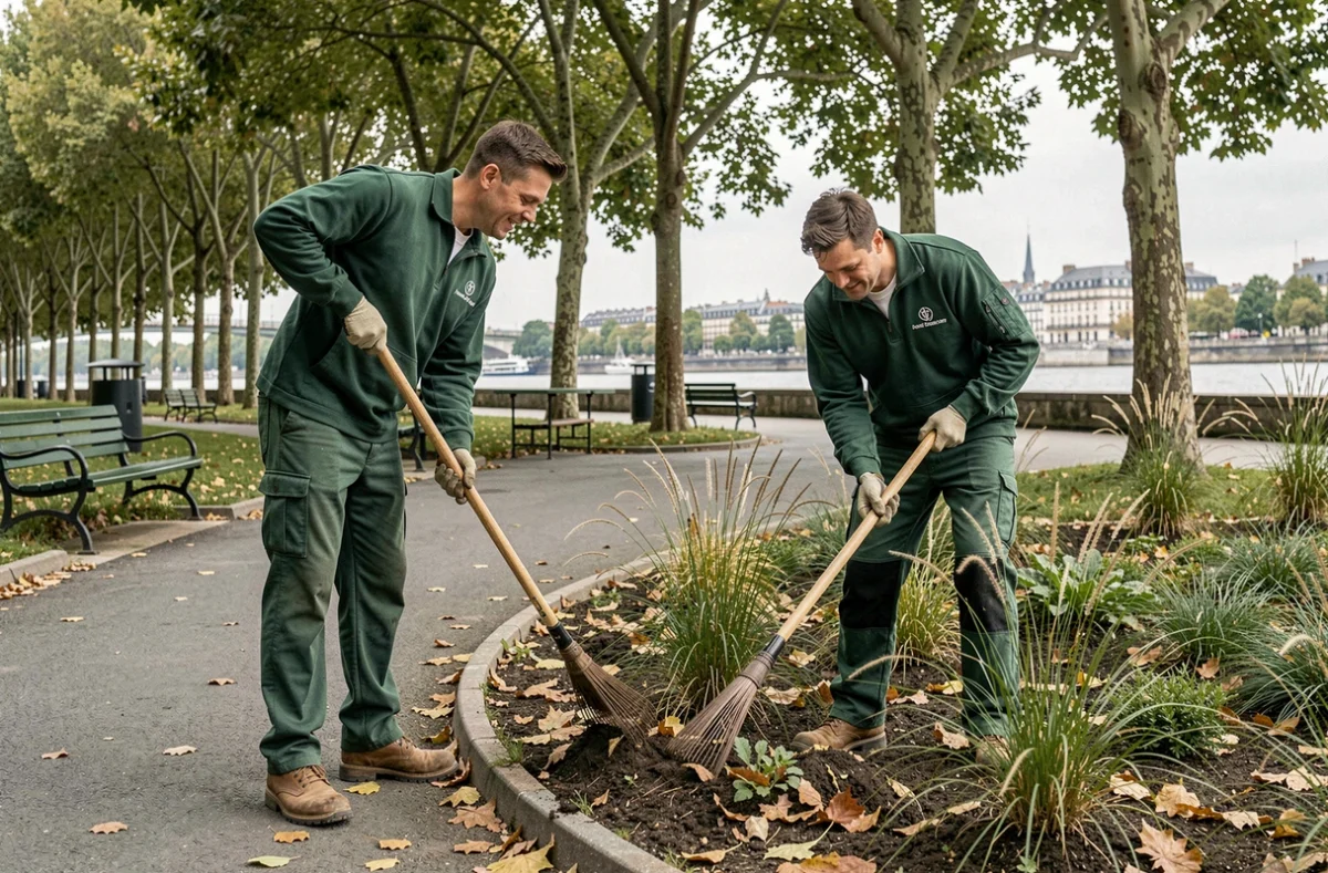 Équipe d'entretien des espaces verts travaillant dans un parc public de Tours, représentant Limeul Espaces Verts