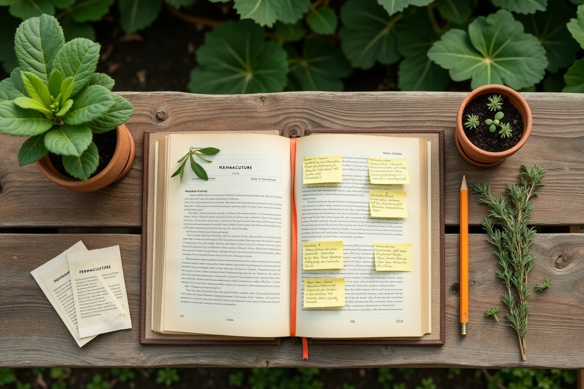 Livre de permaculture ouvert avec des notes et des graines sur une table en bois dans un potager en été