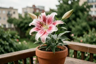 Lys oriental en fleur dans un pot en terre cuite sur un balcon, avec de grandes pétales roses et blanches tachetées