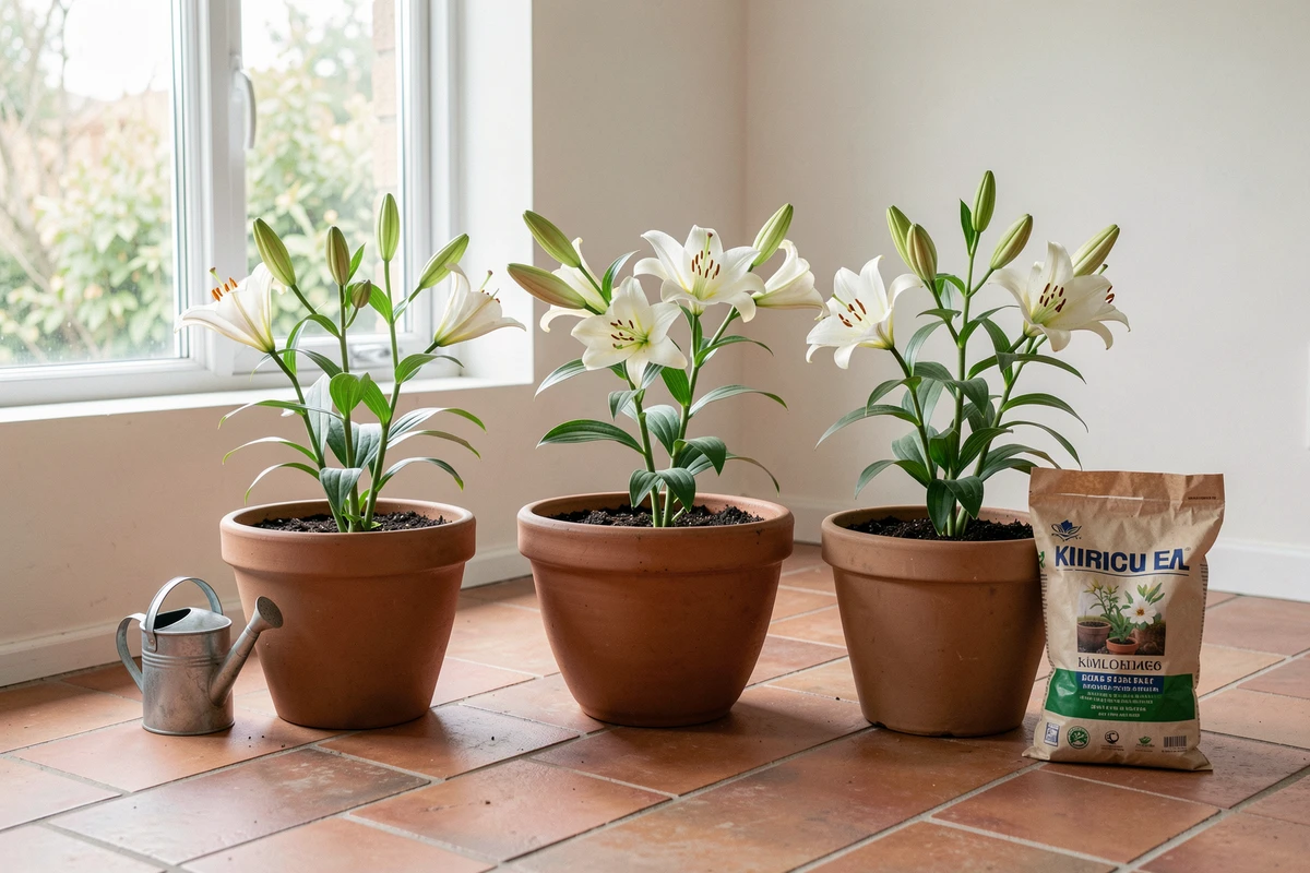 Trois pots en céramique avec des lys orientaux à différents stades de croissance disposés près d'une fenêtre intérieure