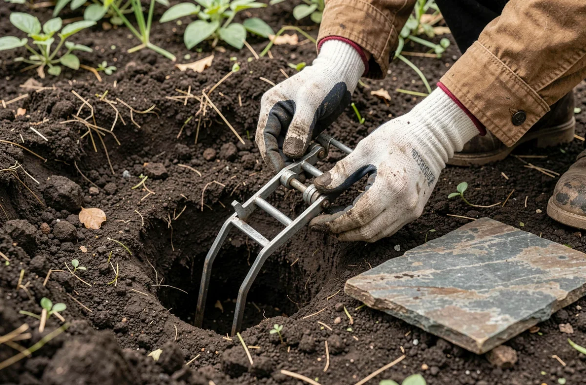 Mains gantées installant un piège dans une galerie de taupe