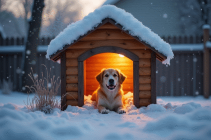 Petite maison isolée pour chien dans un jardin sécurisé avec lumière chaleureuse