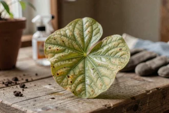 Feuille d'Oxalis présentant des taches jaunes et rouillées caractéristiques d'une maladie fongique