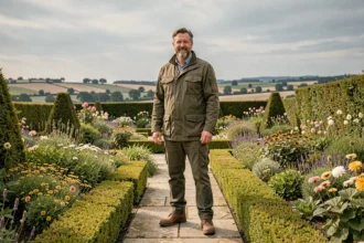 Paysagiste professionnel dans un jardin soigné de la Somme avec vue sur la campagne picarde