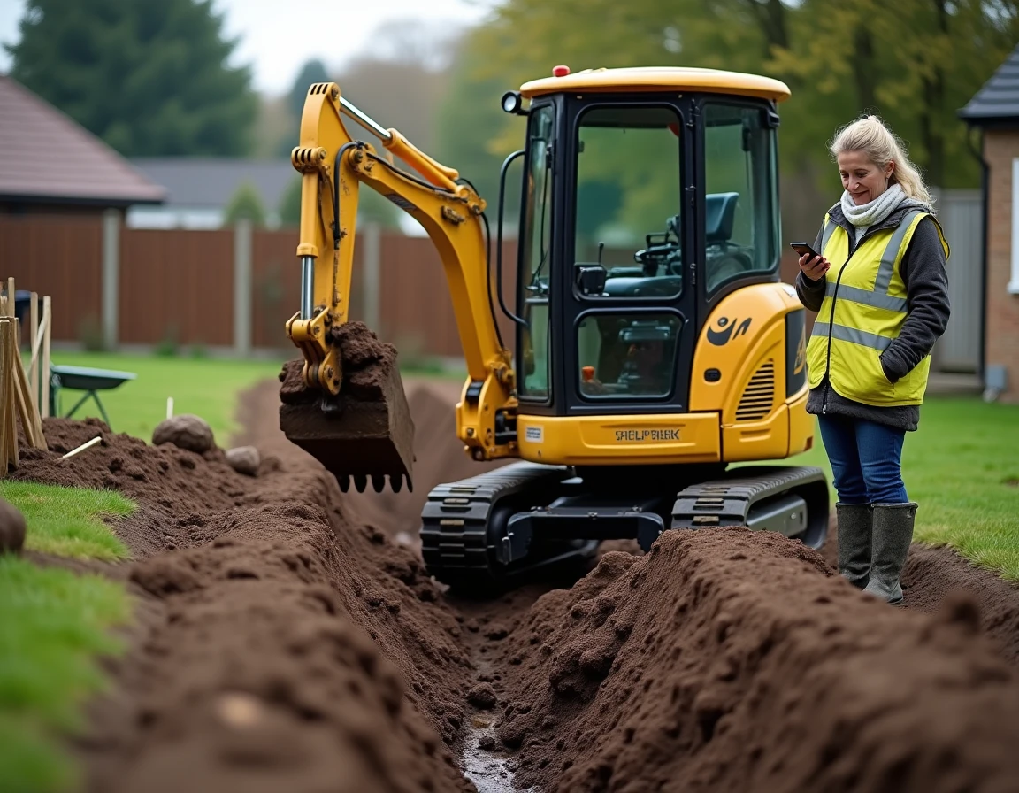 Mini pelle jaune en train de creuser une tranchée dans un jardin particulier lors de travaux d'aménagement