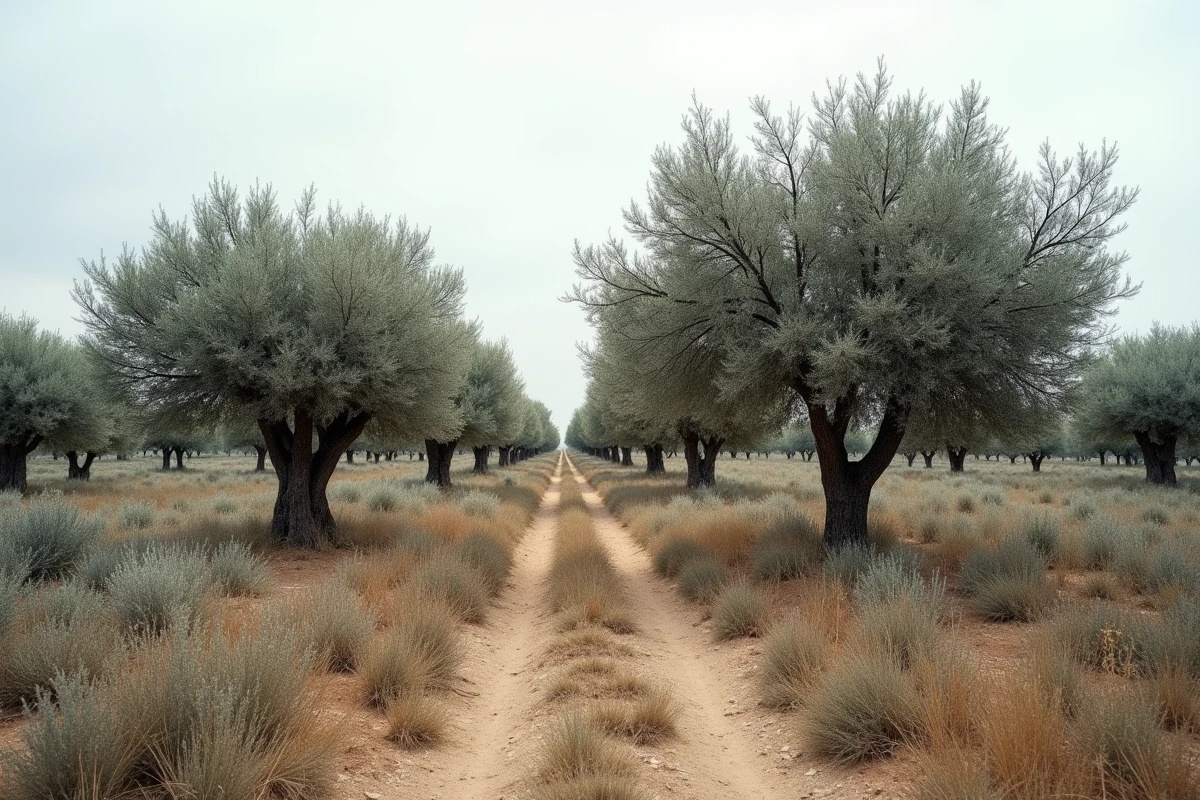 Oliveraie abandonnée avec arbres gravement atteints par la fumagine et les cochenilles