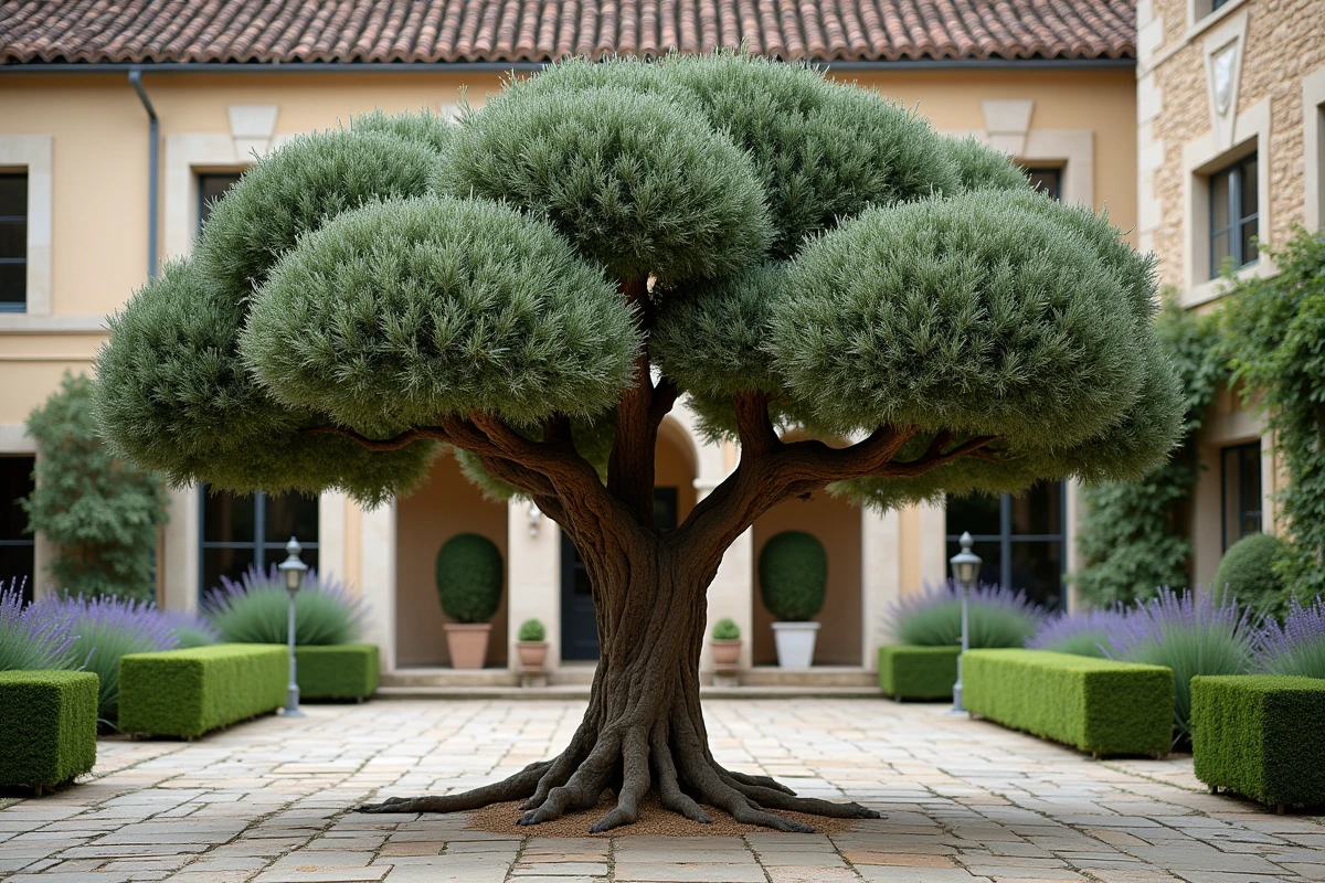 Olivier en nuage mature dans une cour de jardin français avec dallage en calcaire