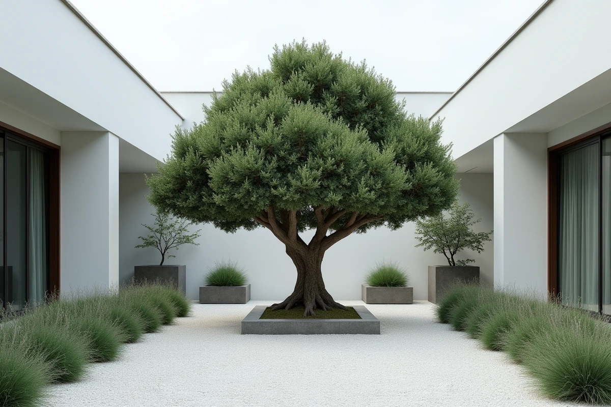 Olivier taillé en nuage sur une terrasse contemporaine avec gravier blanc et jardinières en béton