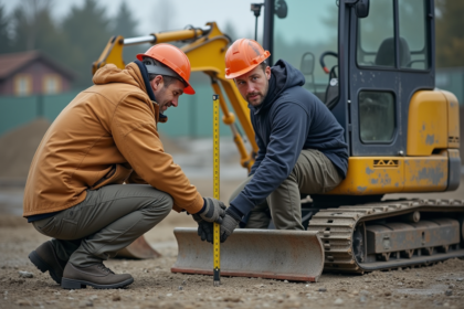Ouvrier construction avec miniexcavator sur site