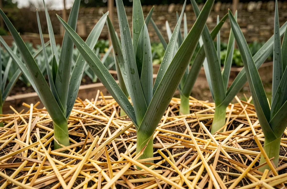 Paillage de paille au pied de plants de poireaux pour conserver l'humidité du sol lors des restrictions d'arrosage