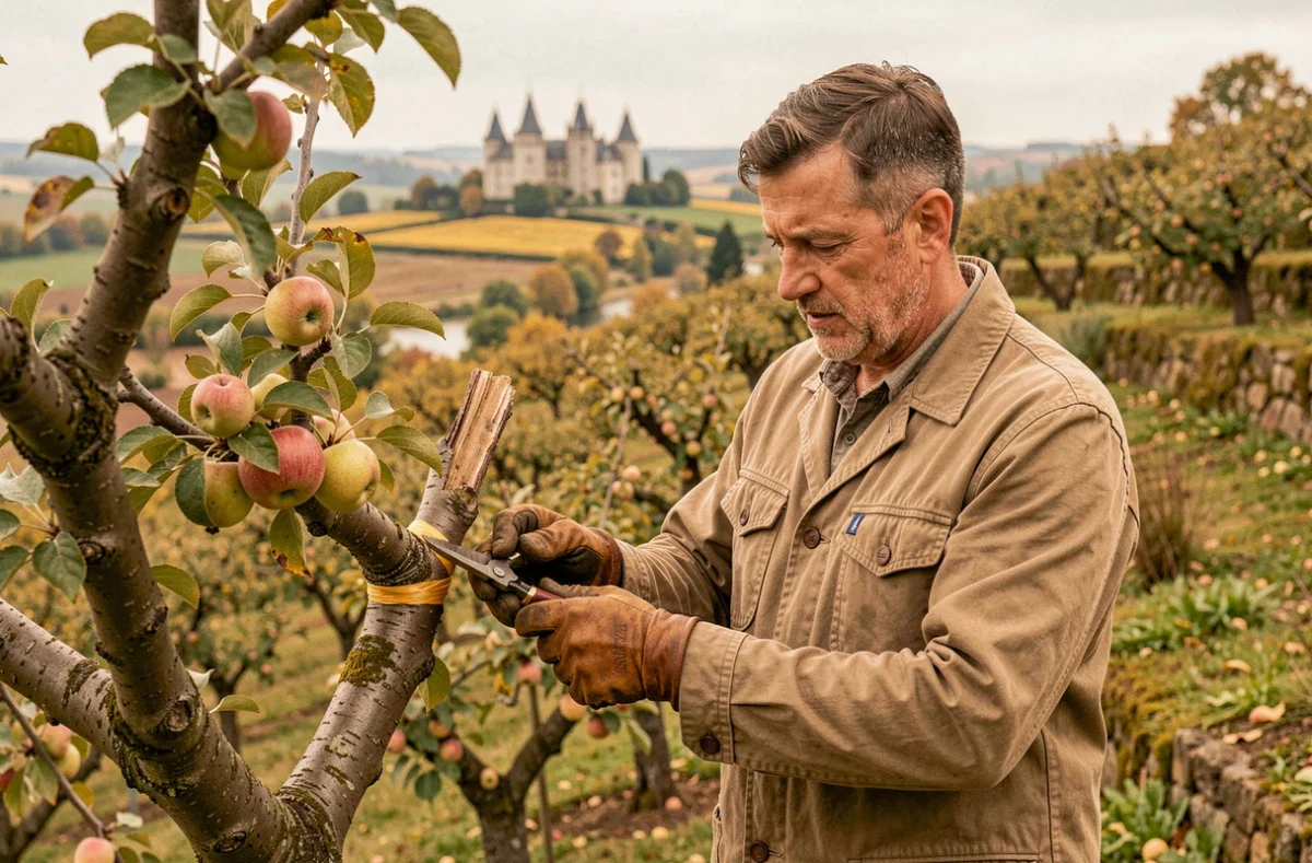 Horticulteur greffant des arbres fruitiers dans un verger traditionnel près d'Amboise, représentant Paysages d'Indre-et-Loire