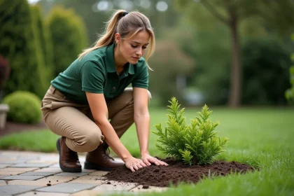 Paysagiste femme en train de planter un arbuste dans un jardin résidentiel, travail de paysagisme professionnel
