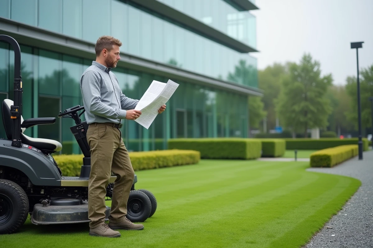 Paysagiste homme consultant un plan de jardinage sur un espace vert commercial, professionnel du paysage