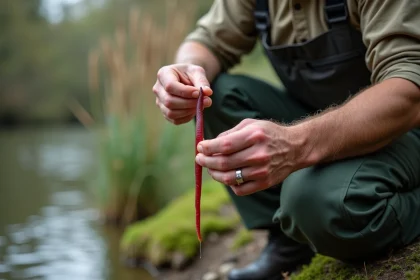 Pêcheur chevronné enfilant un ver rouge sur un hameçon au bord d'une rivière pour la pêche au coup