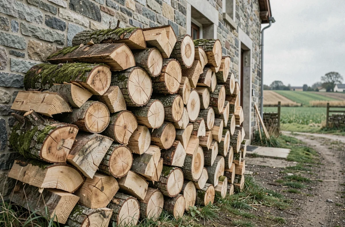 Tas de grumes de bois de chauffage local empilé contre le mur en pierre d'une ferme française, valorisant la filière bois régionale