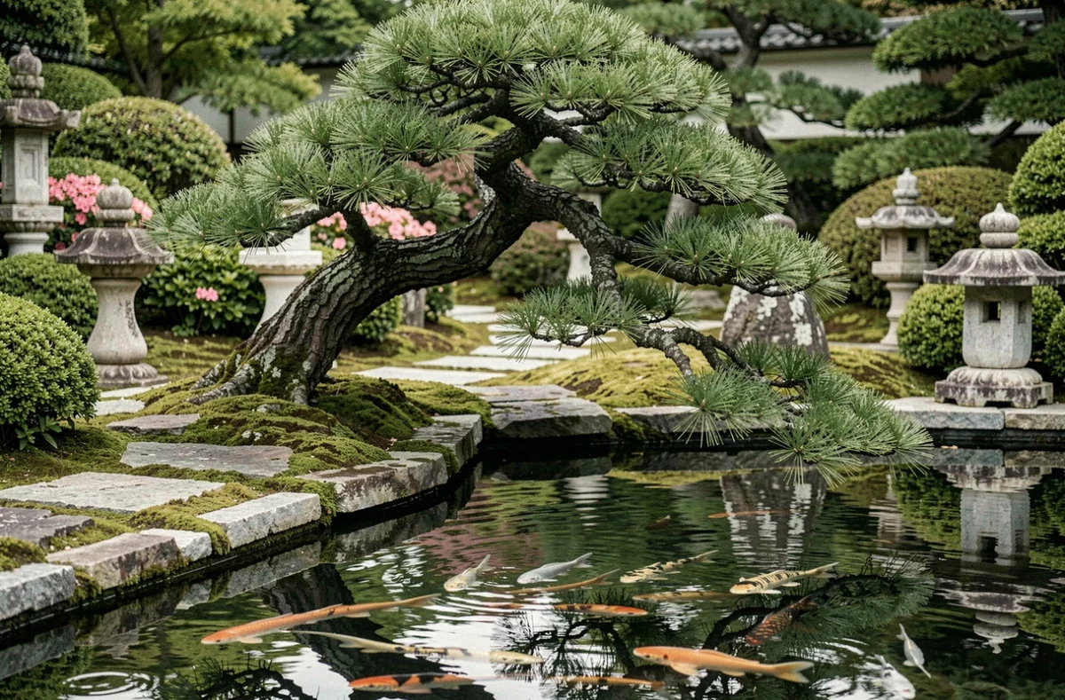 Pin noir du Japon taillé en niwaki au bord d'un bassin à koï dans un jardin japonais traditionnel