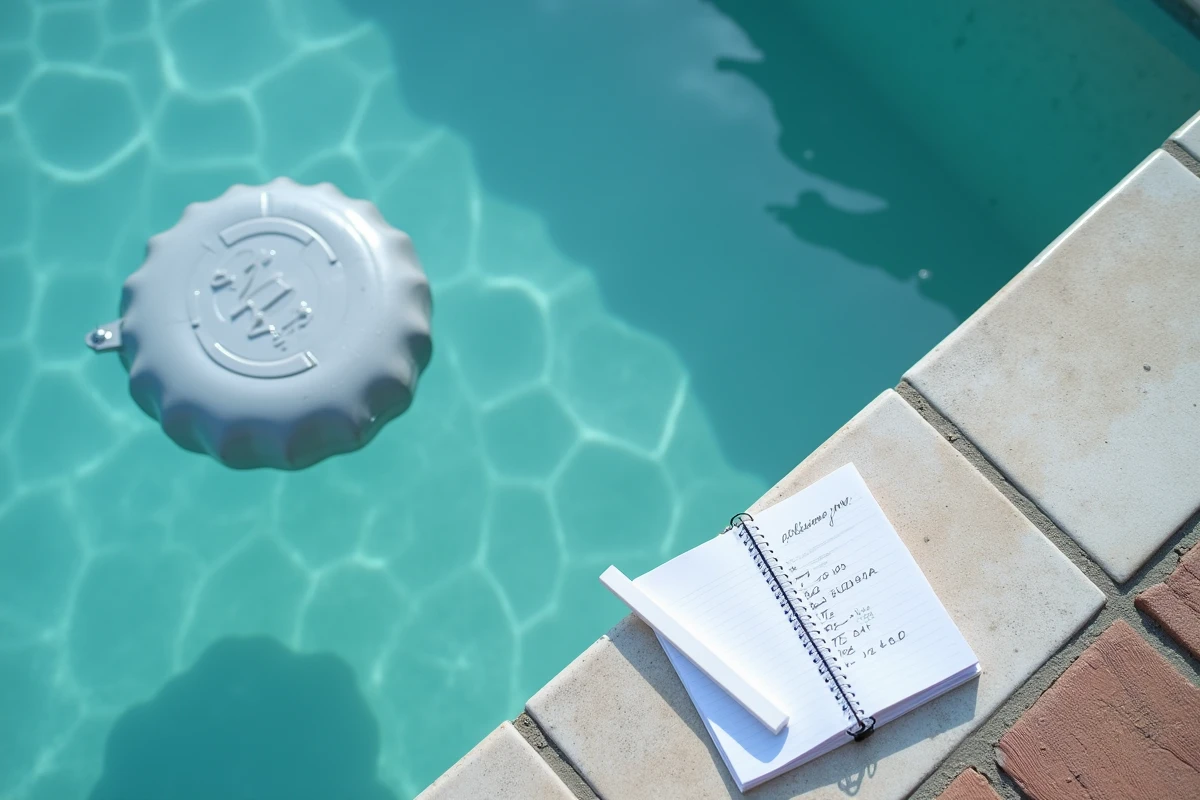 Vue aérienne d'une piscine trouble avec cellule d'électrolyse au sel et bandelettes de test posées sur le margelle
