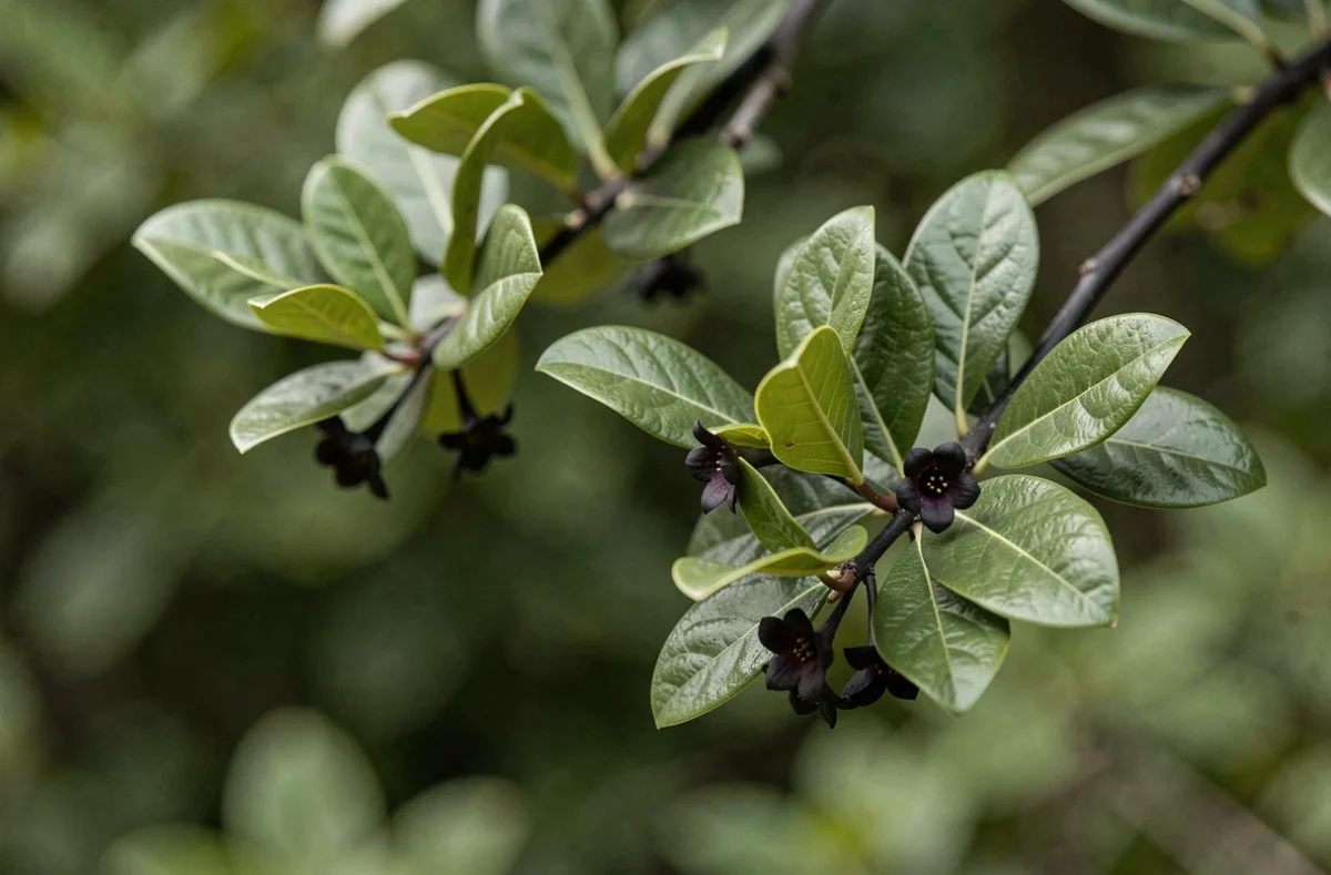 Gros plan sur les feuilles et fleurs sombres du Pittosporum Kohuhu avec tiges presque noires caractéristiques