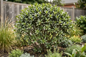 Arbuste Pittosporum tenuifolium Kohuhu en massif de jardin résidentiel avec feuillage vert foncé brillant et tiges sombres